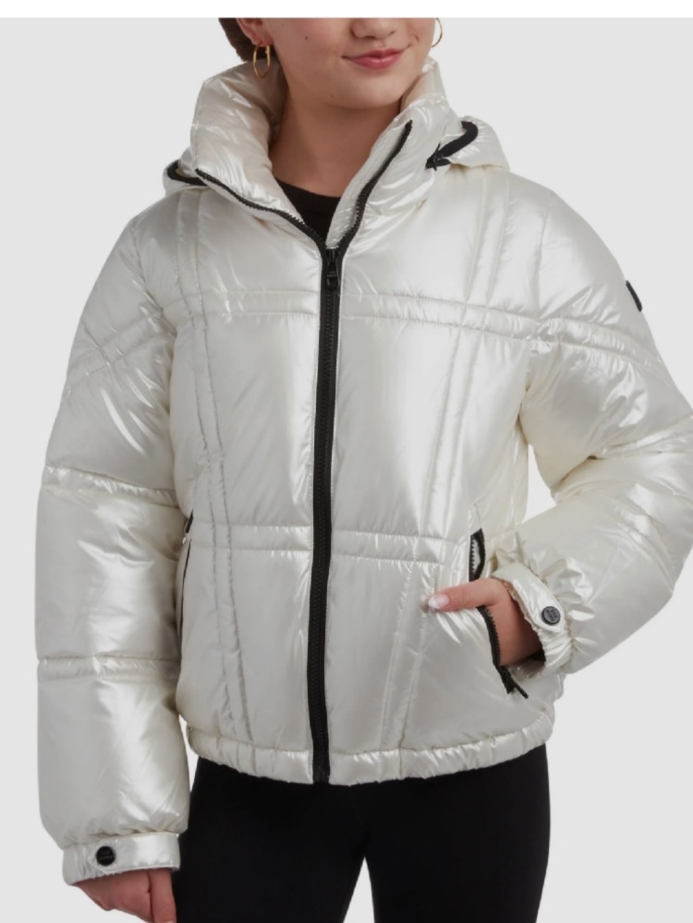Girls Steve Madden White Puffer Jacket with Black Trim - Picture 10 of 10